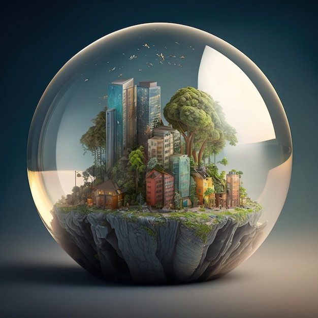 Ilustración 3d Imagen de un paisaje urbano moderno dentro de una esfera de cristal