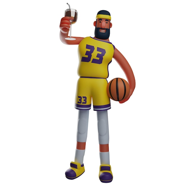 Ilustración 3D Imagen de personaje 3D de atleta de baloncesto con un vaso de vino sosteniendo la pelota