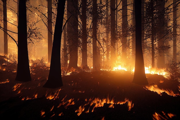 Ilustración 3d de incendios forestales que arden a través de una catástrofe forestal