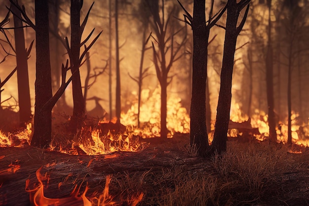 Ilustración 3d de incendios forestales que arden a través de una catástrofe forestal