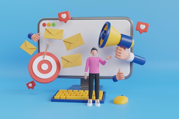 Ilustración 3D de influencer en las redes sociales. estrategia de marketing digital, publicidad promocional