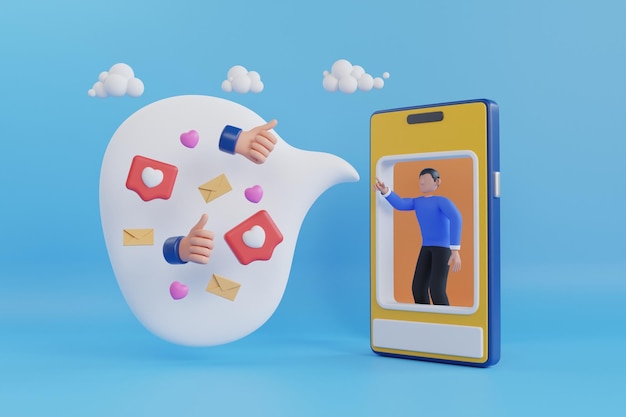 Ilustración 3D de influencer en las redes sociales. estrategia de marketing digital, publicidad promocional