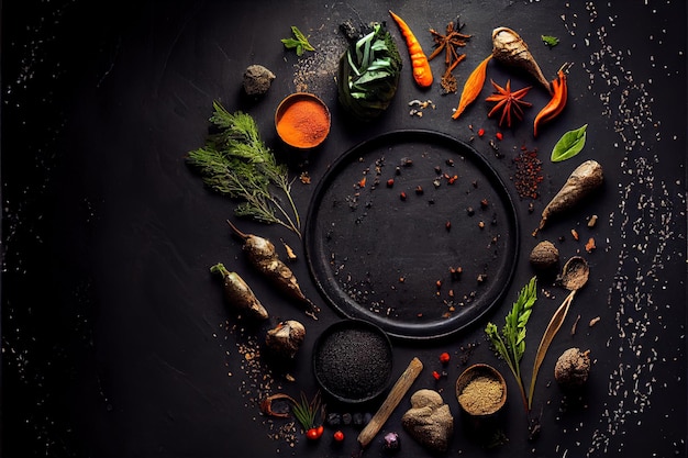 Ilustración 3d Ingredientes culinarios fondo oscuro con espacio para texto vista superior IA generativa