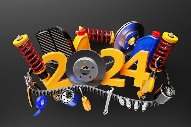 Ilustración 3d de la inscripción 2024 y piezas de automóviles en fondo negro aislado Partes de reparación de automóviles El concepto de año nuevo y Navidad en el campo automotriz