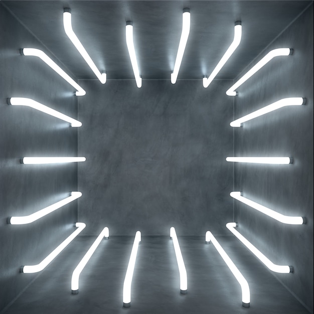 Foto ilustración 3d interior de sala blanca abstracta con lámpara de neón de brillo blanco
