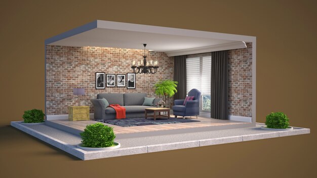 Ilustración 3D interior de la sala de estar en una caja