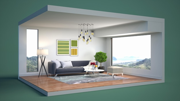 Ilustración 3D interior de la sala de estar en una caja