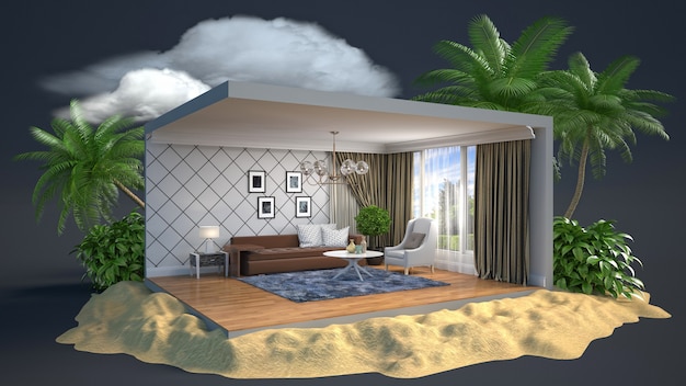Ilustración 3D interior de la sala de estar en una caja