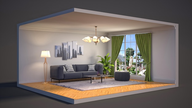 Ilustración 3D interior de la sala de estar en una caja