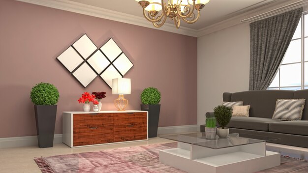Ilustración 3D del interior de la sala de estar