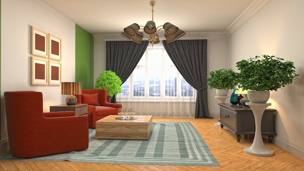 Ilustración 3D del interior de la sala de estar