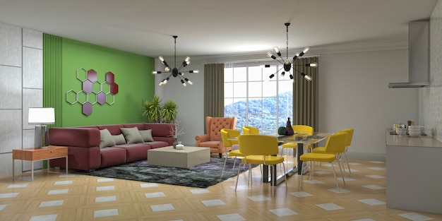 Ilustración 3d del interior de la sala de estar