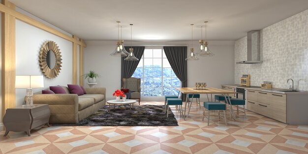 Ilustración 3d del interior de la sala de estar