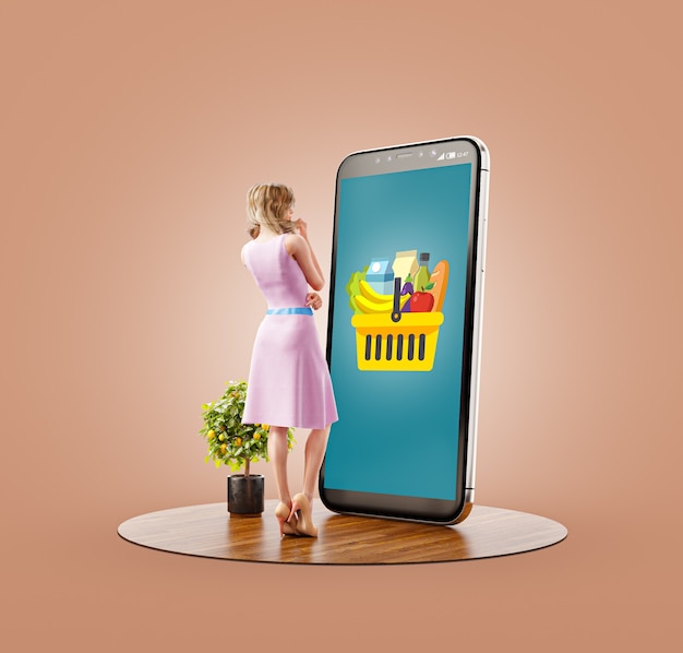 Foto ilustración 3d inusual de una mujer joven de pie en un gran teléfono inteligente y hacer pedidos de comestibles en línea. concepto de aplicaciones de entrega de alimentos. compras de comestibles en línea.