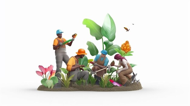 Foto ilustración 3d jardinería juntos la gente cultiva plantas