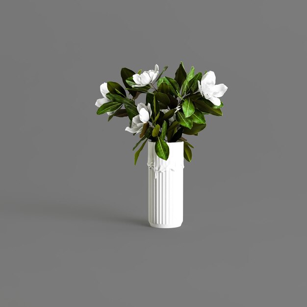 Ilustración 3d de jarrón de flores aislado sobre fondo gris