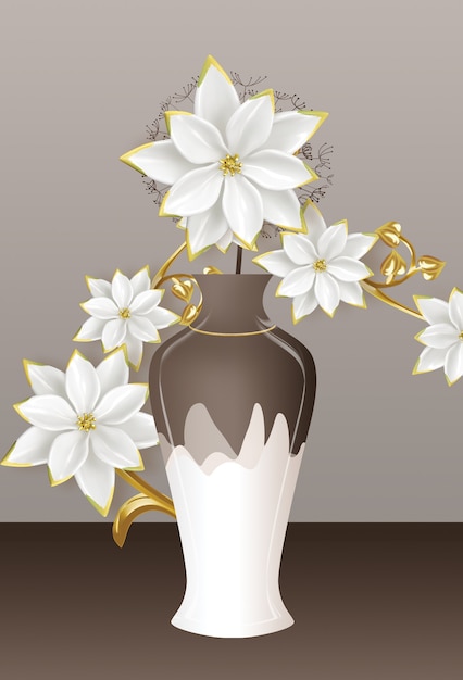 Ilustración 3d jarrón marrón y blanco con flores blancas doradas en fondo oscuro