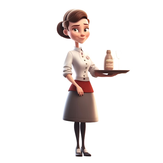 Ilustración 3D de una joven camarera con una botella de leche en una bandeja