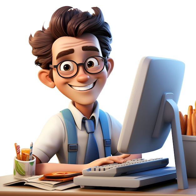 Ilustración 3D de un joven con una computadora y suministros de oficina