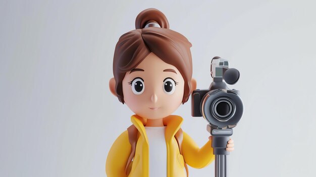 Ilustración 3D de una joven fotoperiodista que sostiene una cámara de video profesional Ella lleva una chaqueta amarilla y una mochila
