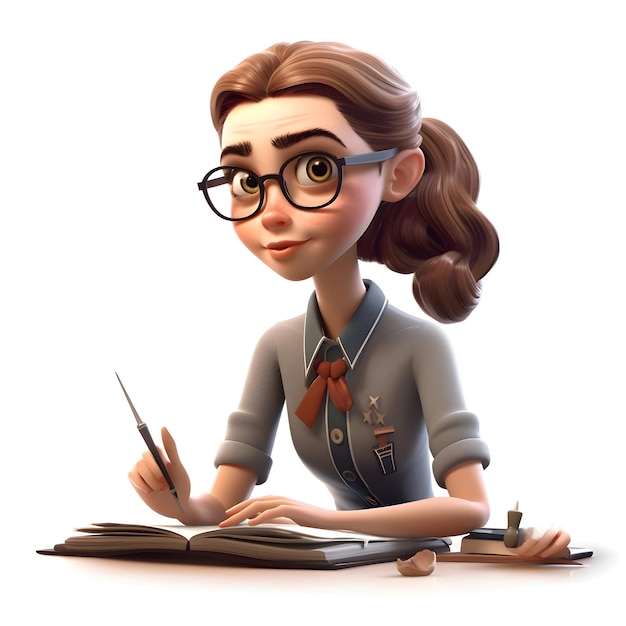 Foto ilustración 3d de una joven con gafas escribiendo en un libro