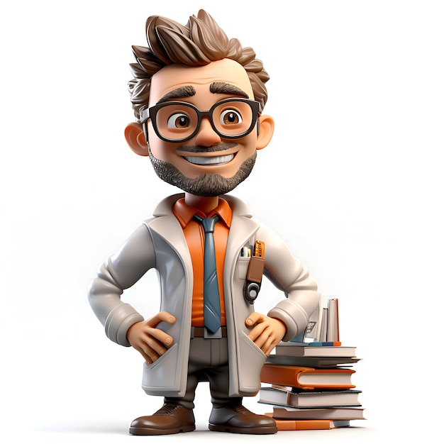 Ilustración 3D de un joven con gafas con libros y mochila