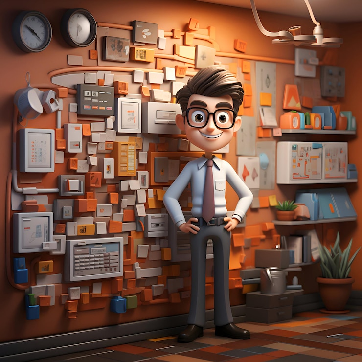 Foto ilustración 3d de un joven en una habitación con papeles pintados