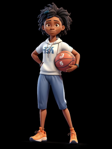 Ilustración 3D de un joven jugador de baloncesto afro sonriente con una pelota de curling