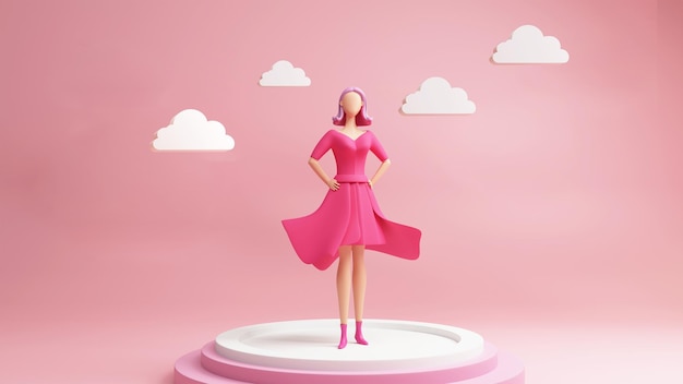 Ilustración 3D de una joven moderna de pie en el escenario Fondo rosa Concepto del día de la mujer feliz