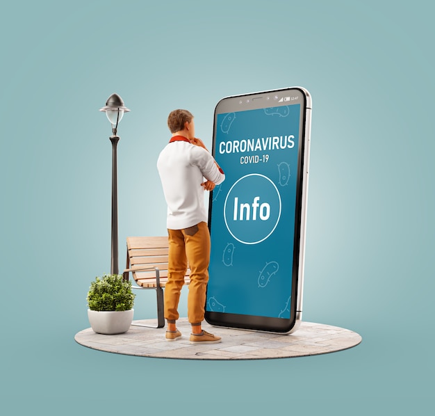 Ilustración 3d de un joven parado frente a un gran teléfono inteligente y leyendo información sobre el coronavirus