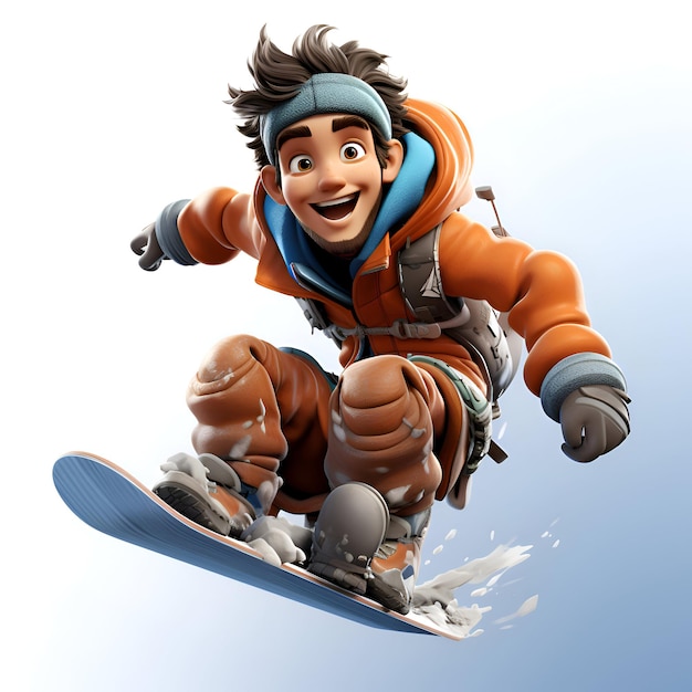 Ilustración 3D de un joven snowboarder saltando aislado sobre fondo blanco.