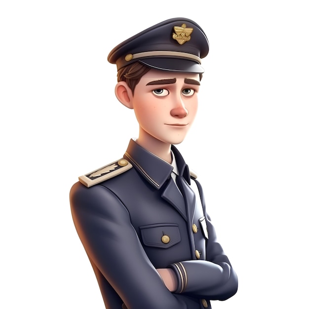 Ilustración en 3D de un joven con uniforme de policía con fondo blanco aislado