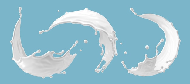 Ilustración 3D de un juego de salpicaduras de leche con formas variadas