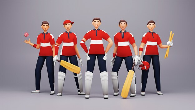 Ilustración 3D del jugador del equipo de críquet de Inglaterra con el equipo del torneo sobre fondo gris brillante.