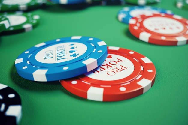 Ilustración 3D jugando fichas, cartas y dinero para el juego de casino en la mesa verde. Concepto de casino real o en línea.