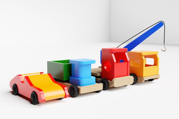 Ilustración 3d de juguetes para niños de camión volquete descapotable multicolor y grúa