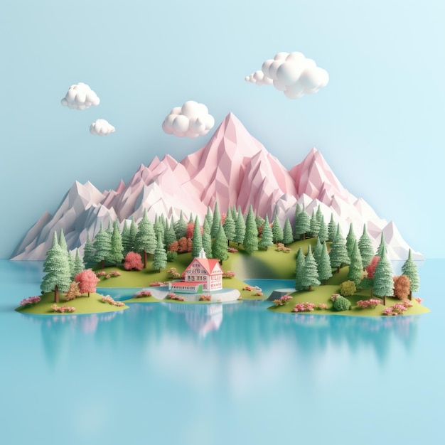 Ilustración 3d del lago de montaña sereno