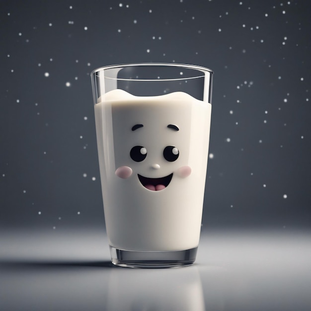 Ilustración 3D de una leche alegre con un fondo oscuro de cara