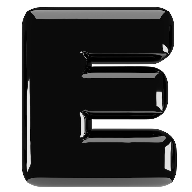 Foto ilustración 3d de la letra negra brillante inflada e en mayúsculas con fuente de burbuja de látex con brillo tipografía gráfica alfabeto abc clipart