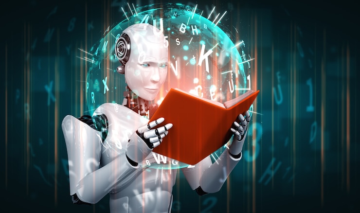 Foto ilustración 3d del libro de lectura humanoide robot