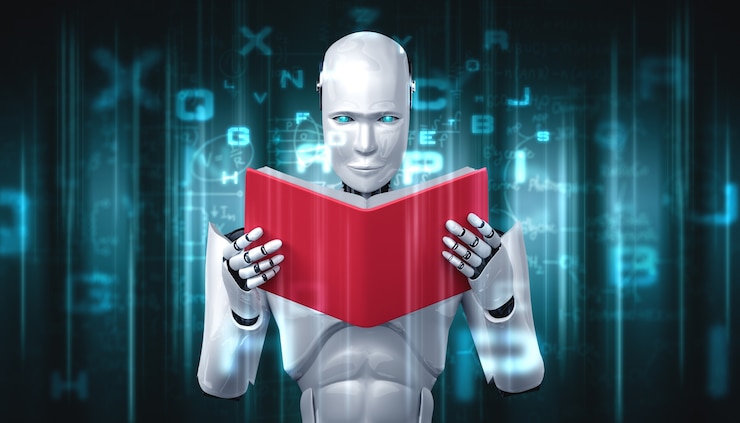 Foto ilustración 3d del libro de lectura humanoide robot