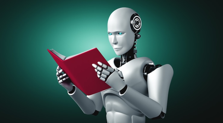 Foto ilustración 3d del libro de lectura humanoide robot