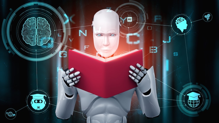 Foto ilustración 3d del libro de lectura humanoide robot