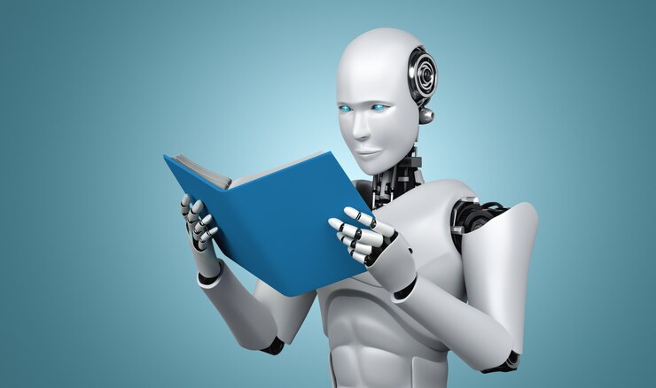 Foto ilustración 3d del libro de lectura humanoide robot