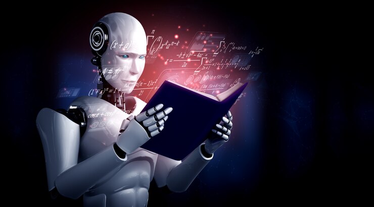 Foto ilustración 3d del libro de lectura robot humanoide y resolución de matemáticas