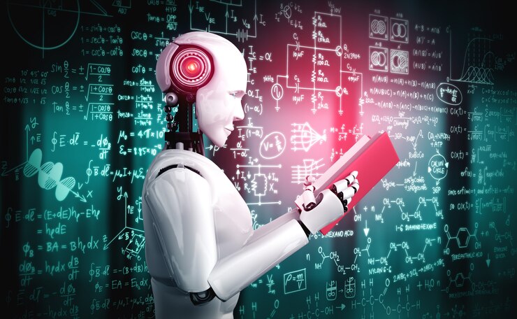 Foto ilustración 3d del libro de lectura robot humanoide y resolución de matemáticas