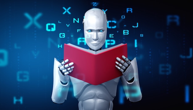 Ilustración 3D del libro de lectura robot humanoide