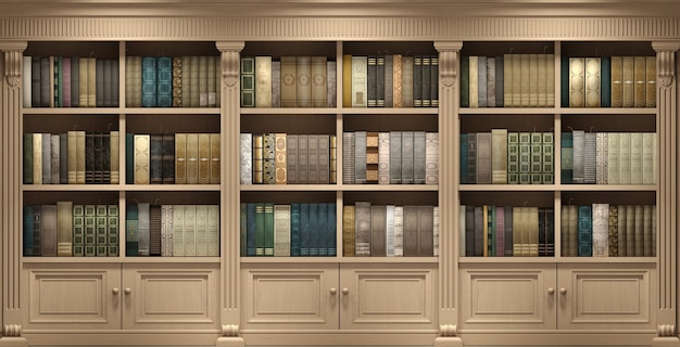 Ilustración 3D. Libros de biblioteca clásicos de madera de pared o estudio de biblioteca o sala de estar, educación