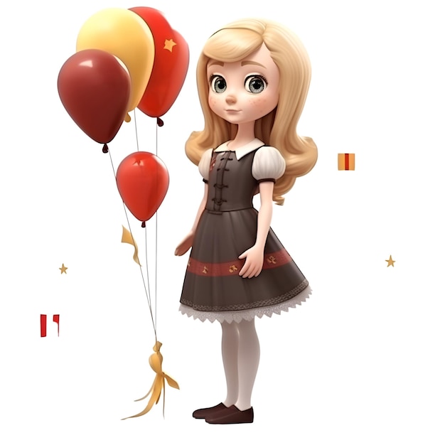 Ilustración 3D de una linda chica de dibujos animados con globos y bandera de China