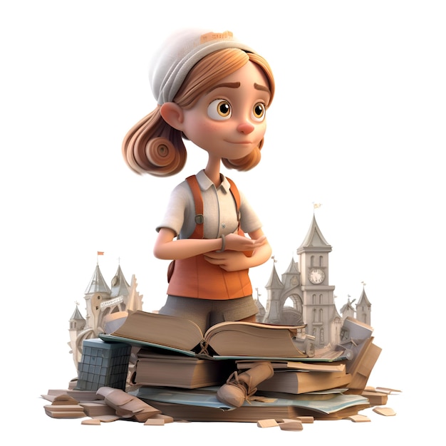 Foto ilustración 3d de una linda chica de dibujos animados con un libro y un castillo